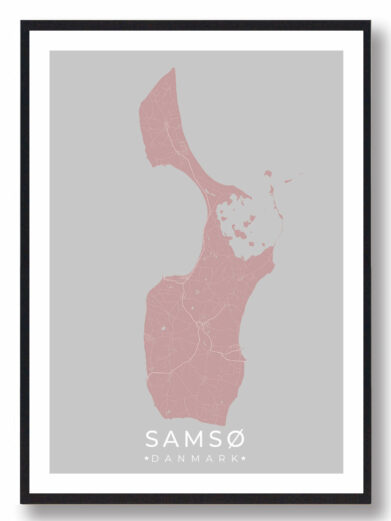 Samsø byplakat i stilrent design. Denne Samsø byplakat er med rosa baggrund og viser Samsø fra sin smukkeste side