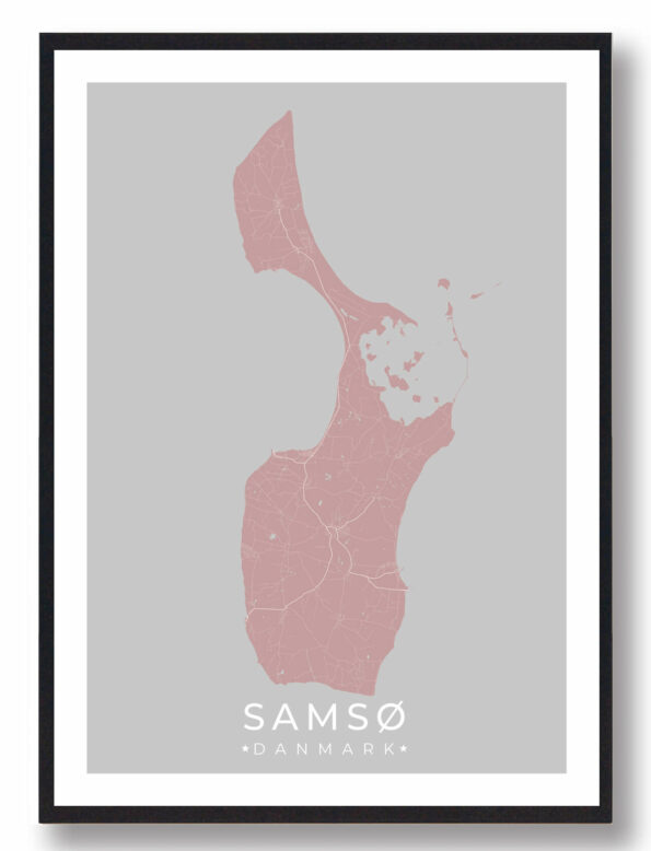 Samsø byplakat i stilrent design. Denne Samsø byplakat er med rosa baggrund og viser Samsø fra sin smukkeste side