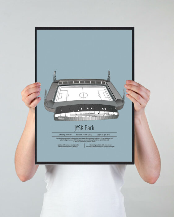 Fodbold plakat med Silkeborg stadion. Denne fodbold plakat med Silkeborg er i flot stilren lyseblå baggrund