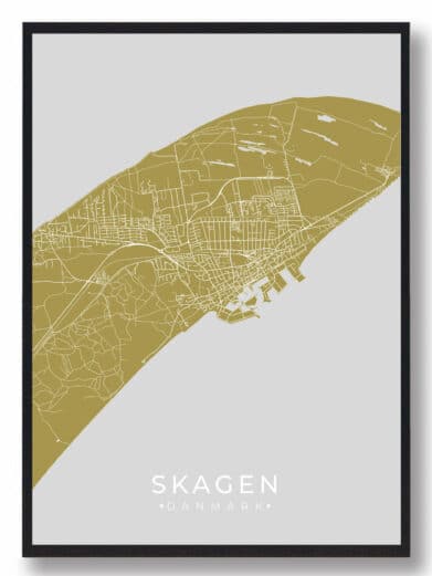 Skagen byplakat i karrygul. Minimalistisk design med kort over Skagen, Nordjylland. Ideel som vægkunst. Nu på tilbud!
