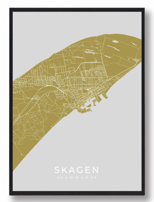 Skagen byplakat i stilrent design. Denne Skagen byplakat er med gul baggrund og viser Skagen fra sin smukkeste side