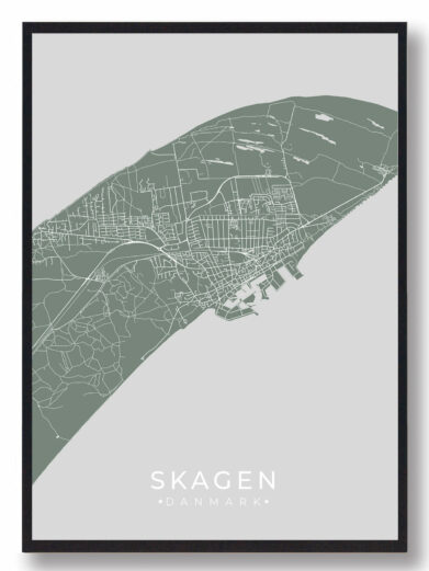 Grøn Skagen plakat med detaljeret bykort i mintfarve. Minimalistisk design, perfekt til vægdekoration. Køb Skagen plakaten online!