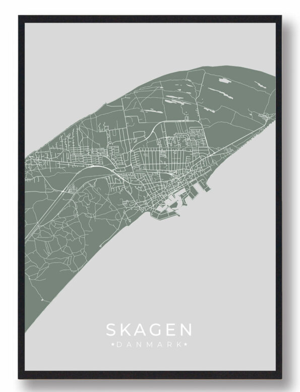 Skagen byplakat i stilrent design. Denne Skagen byplakat er med grøn baggrund og viser Skagen fra sin smukkeste side