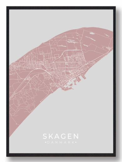Skagen byplakat i rosa. Minimalistisk design med kort over Skagen, Nordjylland. Perfekt til stuen. Findes nu på tilbud!