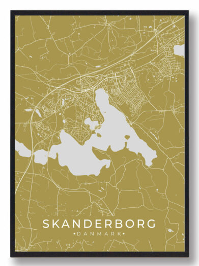 Skanderborg byplakat i stilrent design. Denne Skanderborg byplakat er med gul baggrund og viser Skanderborg fra sin smukkeste side