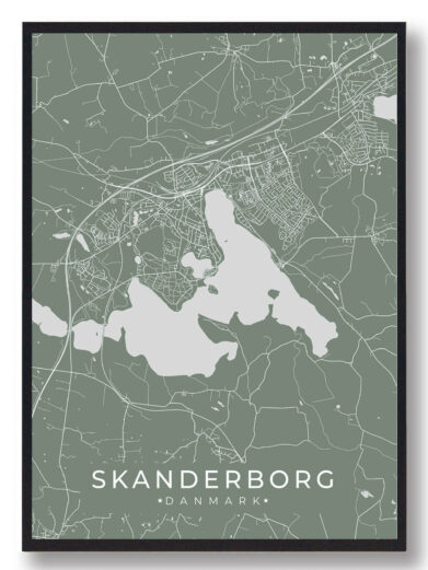 Skanderborg byplakat i stilrent design. Denne Skanderborg byplakat er med grøn baggrund og viser Skanderborg fra sin smukkeste side