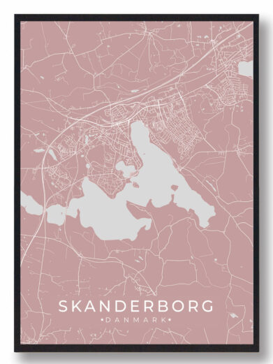 Skanderborg byplakat i stilrent design. Denne Skanderborg byplakat er med rosa baggrund og viser Skanderborg fra sin smukkeste side