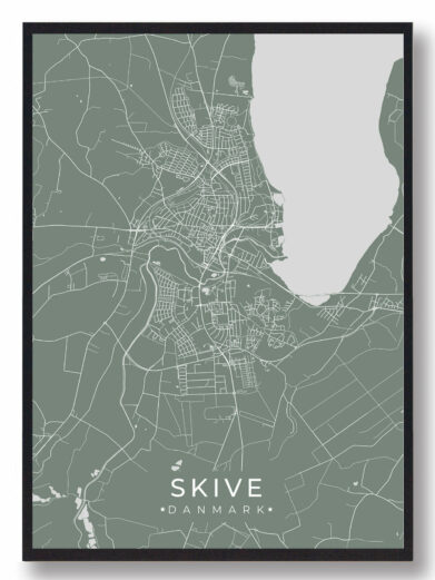 Skive byplakat i stilrent design. Denne Skive byplakat er med grøn baggrund og viser Skive fra sin smukkeste side