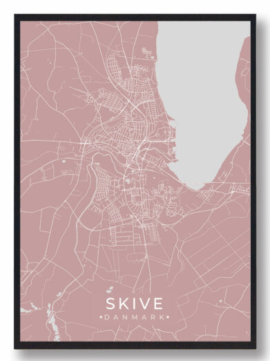 Skive byplakat i stilrent design. Denne Skive byplakat er med rosa baggrund og viser Skive fra sin smukkeste side