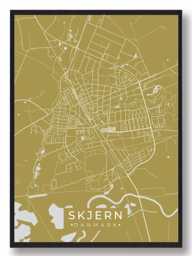 Skjern byplakat i stilrent design. Denne Skjern byplakat er med gul baggrund og viser Skjern fra sin smukkeste side