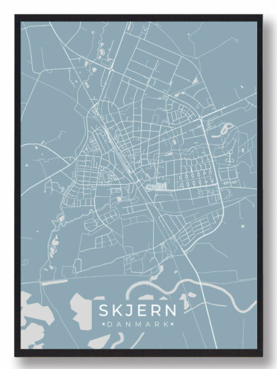 Skjern byplakat i stilrent design. Denne Skjern byplakat er med lyseblå baggrund og viser Skjern fra sin smukkeste side
