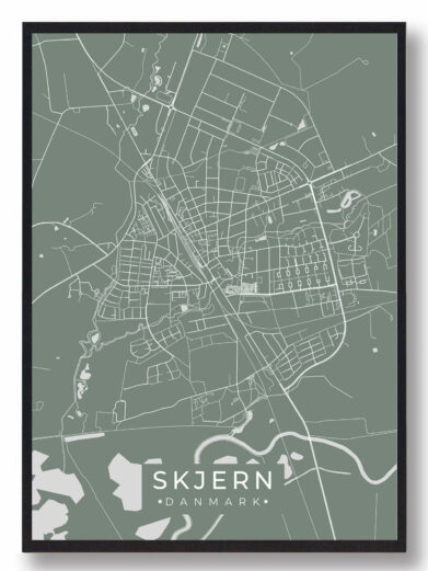 Skjern byplakat i stilrent design. Denne Skjern byplakat er med grøn baggrund og viser Skjern fra sin smukkeste side