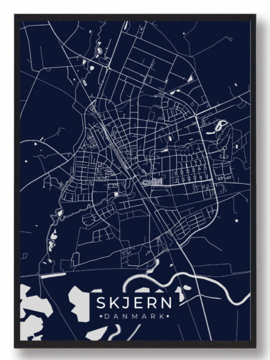 Skjern byplakat i stilrent design. Denne Skjern byplakat er med mørkeblå baggrund og viser Skjern fra sin smukkeste side