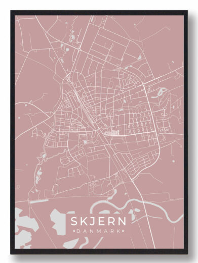 Skjern byplakat i stilrent design. Denne Skjern byplakat er med rosa baggrund og viser Skjern fra sin smukkeste side