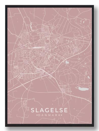 Rosa Slagelse plakat med bykort. Detaljeret kort over Slagelse, Sjælland. Moderne design med rosa baggrund og hvide linjer. Perfekt som vægkunst.