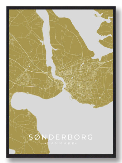 Sønderborg byplakat i stilrent design. Denne Sønderborg byplakat er med gul baggrund og viser Sønderborg fra sin smukkeste side