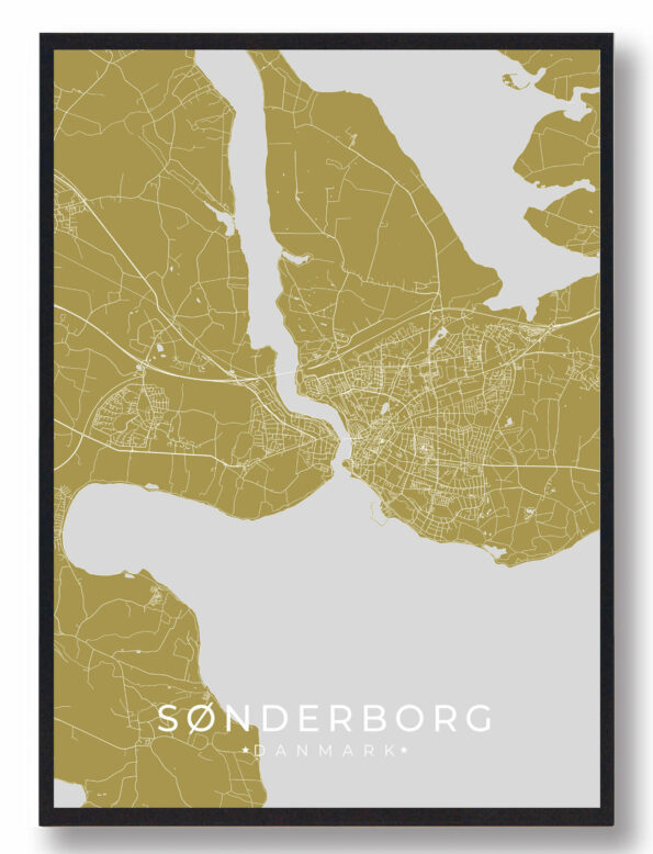 Sønderborg byplakat i stilrent design. Denne Sønderborg byplakat er med gul baggrund og viser Sønderborg fra sin smukkeste side