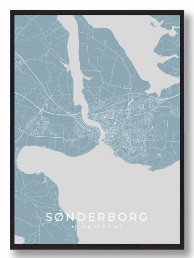 Sønderborg byplakat i stilrent design. Denne Sønderborg byplakat er med lyseblå baggrund og viser Sønderborg fra sin smukkeste side