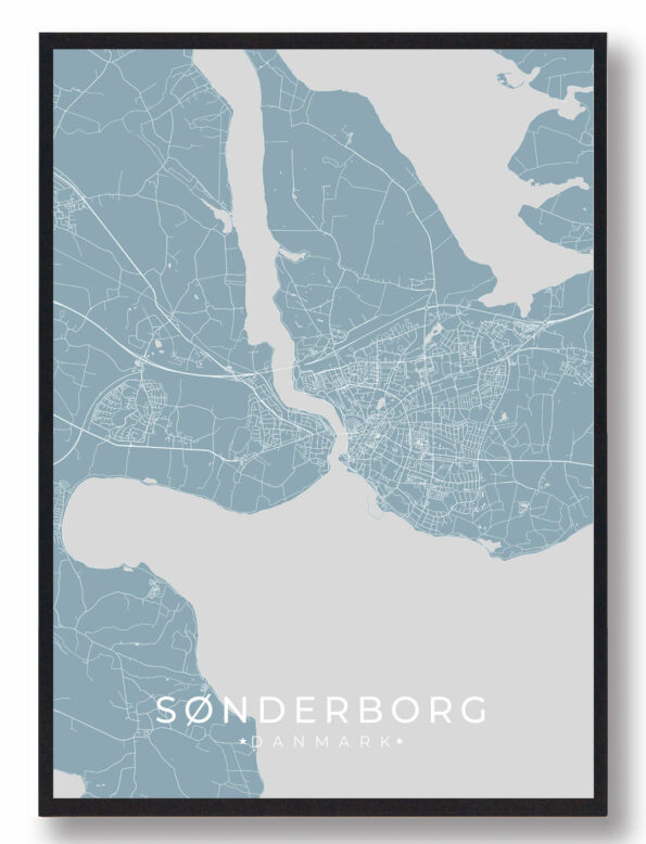 Sønderborg byplakat i stilrent design. Denne Sønderborg byplakat er med lyseblå baggrund og viser Sønderborg fra sin smukkeste side