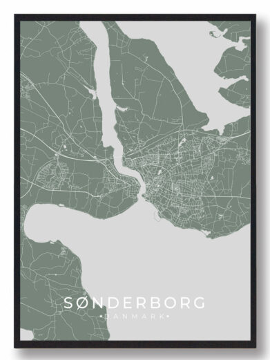 Sønderborg byplakat i stilrent design. Denne Sønderborg byplakat er med grøn baggrund og viser Sønderborg fra sin smukkeste side