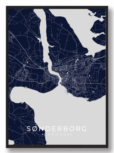 Sønderborg byplakat i stilrent design. Denne Sønderborg byplakat er med mørkeblå baggrund og viser Sønderborg fra sin smukkeste side