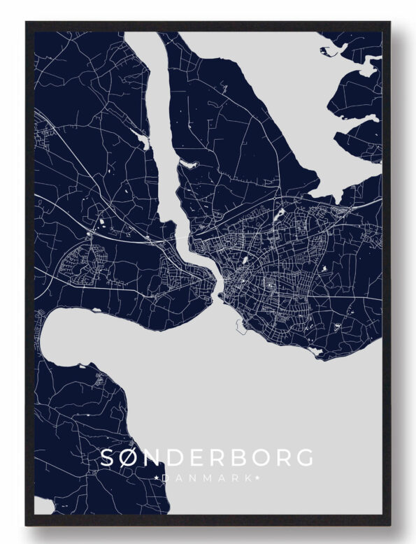 Sønderborg byplakat i stilrent design. Denne Sønderborg byplakat er med mørkeblå baggrund og viser Sønderborg fra sin smukkeste side