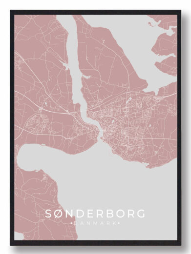 Sønderborg byplakat i stilrent design. Denne Sønderborg byplakat er med rosa baggrund og viser Sønderborg fra sin smukkeste side