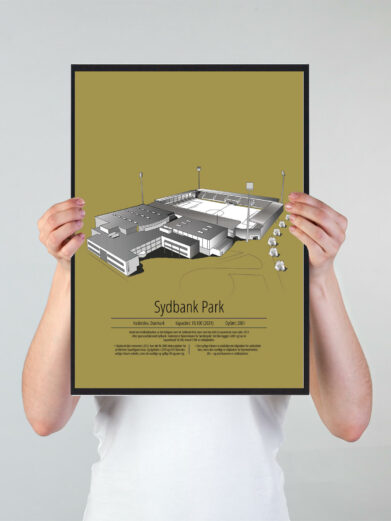 Fodbold plakat med Sønderjyske stadion. Denne fodbold plakat med Sønderjyske er i flot stilren gul baggrund