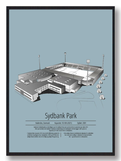 Fodbold plakat med Sønderjyske stadion. Denne fodbold plakat med Sønderjyske er i flot stilren lyseblå-baggrund