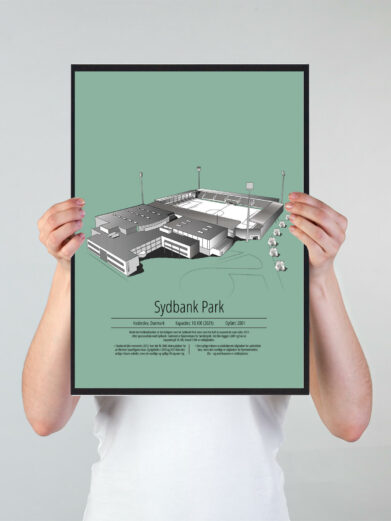 Fodbold plakat med Sønderjyske stadion. Denne fodbold plakat med Sønderjyske er i flot stilren grøn baggrund