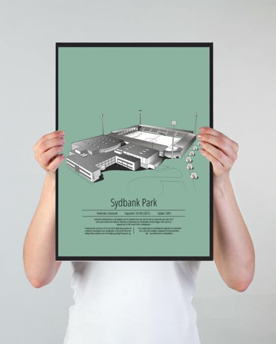 Fodbold plakat med Sønderjyske stadion. Denne fodbold plakat med Sønderjyske er i flot stilren grøn baggrund