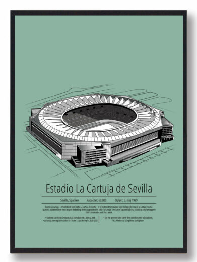 Fodbold plakat med Sevilla stadion. Denne fodbold plakat med Sevilla er i flot stilren grøn baggrund