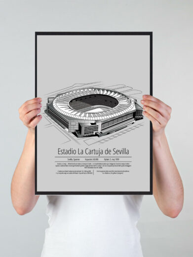 Fodbold plakat med Sevilla stadion. Denne fodbold plakat med Sevilla er i flot stilren grå baggrund