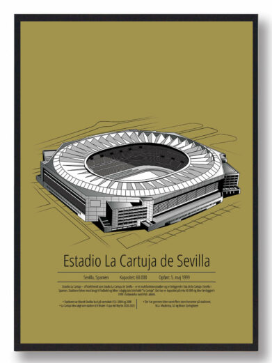 Fodbold plakat med Sevilla stadion. Denne fodbold plakat med Sevilla er i flot stilren gul baggrund