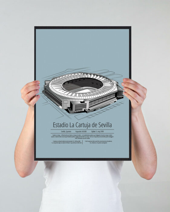 Fodbold plakat med Sevilla stadion. Denne fodbold plakat med Sevilla er i flot stilren lyseblå baggrund