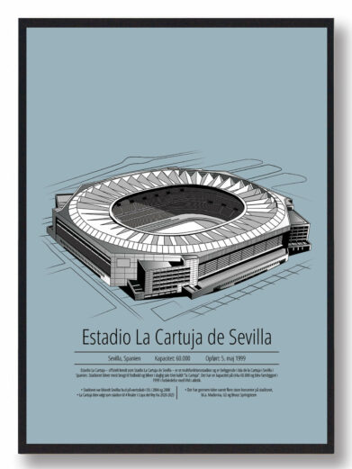 Fodbold plakat med Sevilla stadion. Denne fodbold plakat med Sevilla er i flot stilren lyseblå baggrund