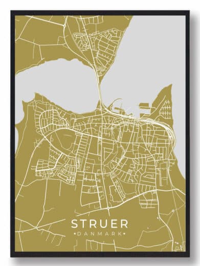 Struer plakat i karrygul. Minimalistisk bykort design med hvide linjer og sort ramme. Perfekt til Midtjylland elskere.