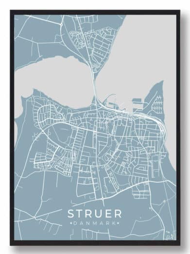 Struer plakat i lyseblå. Minimalistisk bykort af Struer, Danmark, i en moderne stil. Perfekt til stuen eller kontoret.