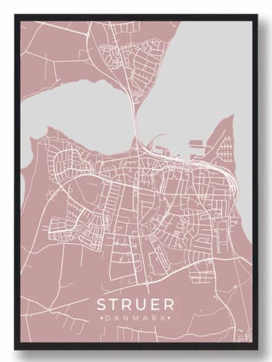 Struer plakat i rosa. Detaljeret bykort med hvide linjer på rosa baggrund. Moderne stil, perfekt til vægdekoration. Fås på tilbud!