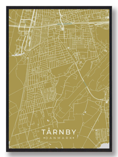 Tårnby byplakat i stilrent design. Denne Tårnby byplakat er med gul baggrund og viser Tårnby fra sin smukkeste side