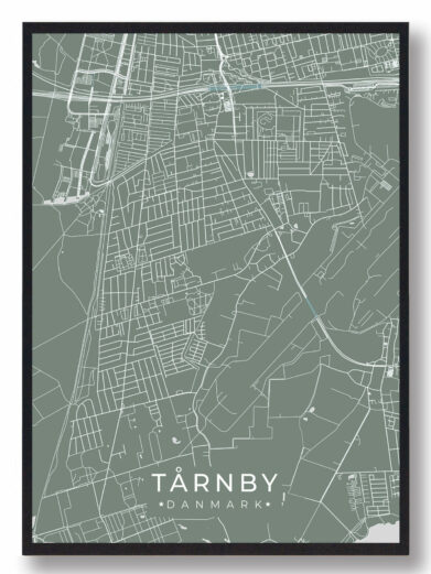Tårnby byplakat i stilrent design. Denne Tårnby byplakat er med grøn baggrund og viser Tårnby fra sin smukkeste side