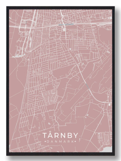Tårnby byplakat i stilrent design. Denne Tårnby byplakat er med rosa baggrund og viser Tårnby fra sin smukkeste side