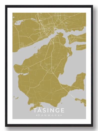 Tåsinge plakat - gul by. Detaljeret kort over Tåsinge i karrygul og hvide linjer på en grå baggrund, indrammet i sort.