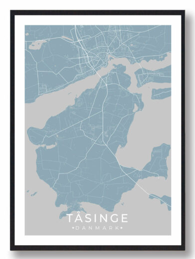 Tåsinge plakat i lyseblå. Minimalistisk bykort over Tåsinge, Danmark, med hvide linjer på lyseblå baggrund. Stilfuldt og moderne design.