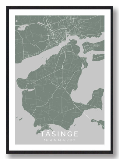 Gul Tåsinge plakat med detaljeret kort over øen Fyn, Danmark. Moderne design med rolige farver. Perfekt til vægdekoration.