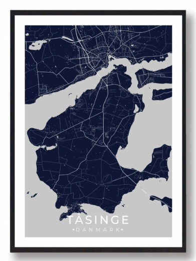 Tåsinge plakat - gul by. Detaljeret kort over Tåsinge, Danmark, i mørkeblå og grå. Minimalistisk design, perfekt som vægkunst.