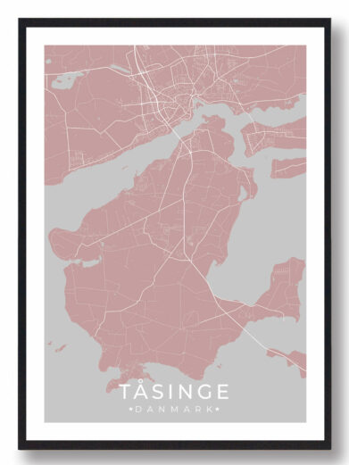 Tåsinge plakat - gul by. Pink og grå bykort plakat af Tåsinge, Danmark. Moderne design.