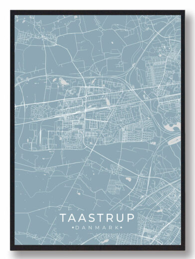 Taastrup byplakat i stilrent design. Denne Taastrup byplakat er med lyseblå baggrund og viser Taastrup fra sin smukkeste side