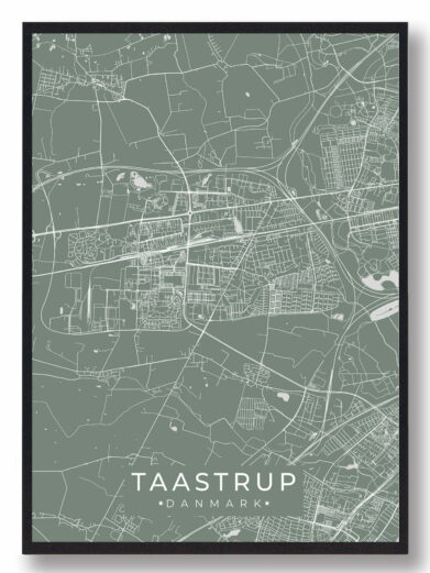 Taastrup byplakat i stilrent design. Denne Taastrup byplakat er med grøn baggrund og viser Taastrup fra sin smukkeste side