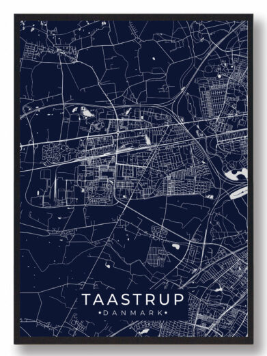 Taastrup byplakat i stilrent design. Denne Taastrup byplakat er med mørkeblå baggrund og viser Taastrup fra sin smukkeste side